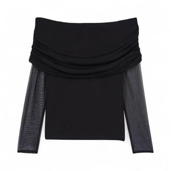 THE KOOPLES Ruched Mesh-Long Sleeve Top Size FR 2/ Medium US off the shoulder - Picture 2 of 10